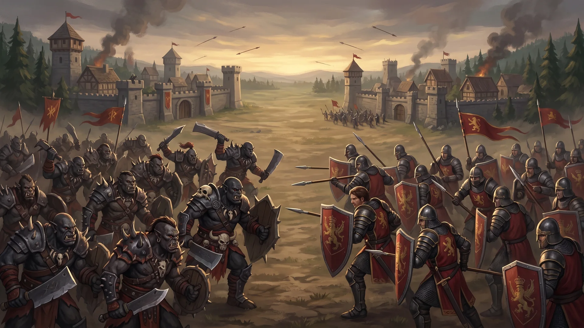 Exércitos humanos e orcs avançam de lados opostos entre duas fortalezas